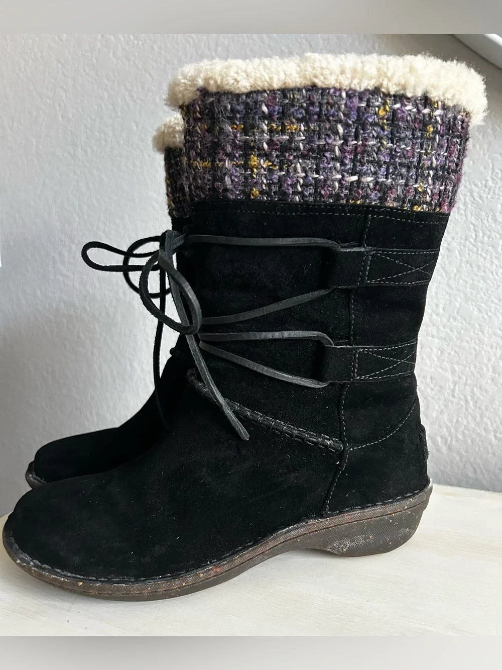 UGG Tanasa Black Suede Lace-Up Shearling Cuff Boots with Tweed Knit, Womens 7.